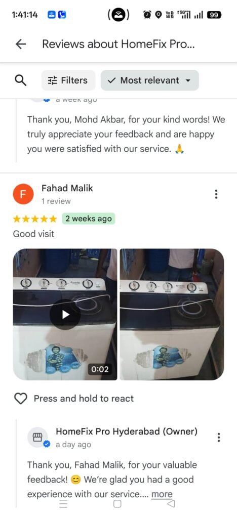 Google Business 5 Star Reviews HomeFix Pro Hyderabad