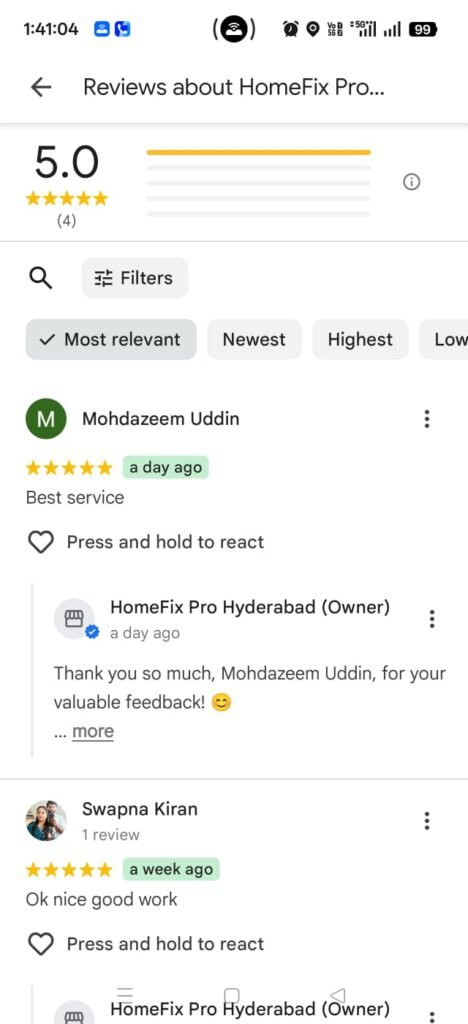Google Business 5 Star Reviews HomeFix Pro Hyderabad